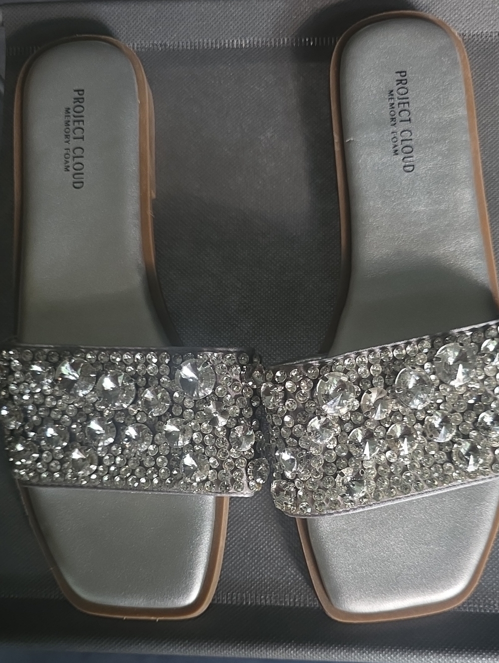 NEWProject Cloud- Gorgeous Silver Jeweled Slide LEATHER Sandals with Memory Foam